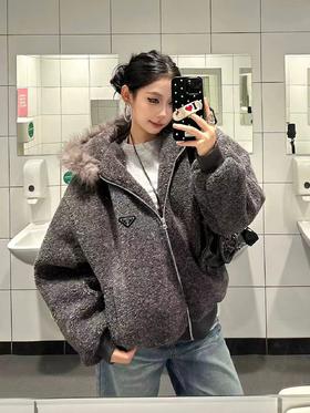 D120414冬季2025仿羊绒毛领高级灰连帽棉服外套男女同款