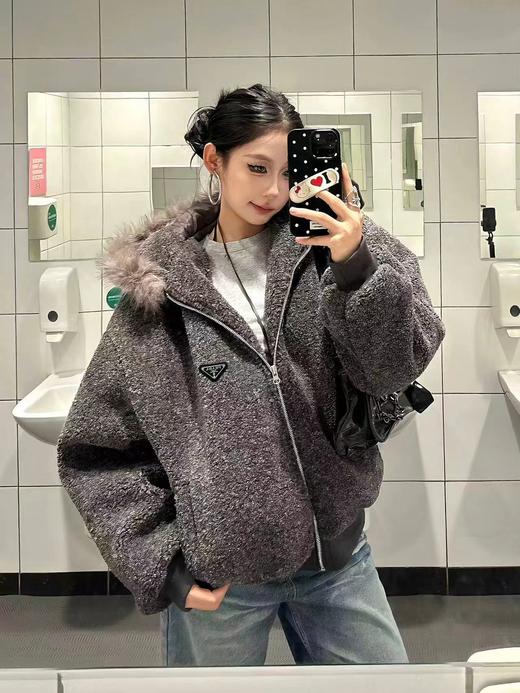 D120414冬季2025仿羊绒毛领高级灰连帽棉服外套男女同款 商品图0