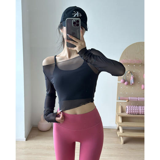跃牌【安琪拉系列】新款瑜伽服女运动普拉提两件套清新性感网纱花边健身上衣长袖t恤 商品图4
