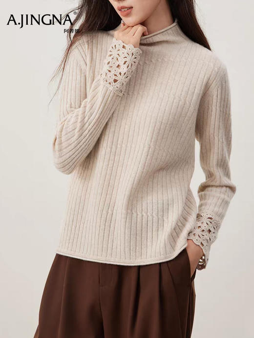 【镂空袖口】阿菁娜冬季新款手工钩花羊毛衫云感肌理自然卷边设计立体镂空袖口F30D302012 商品图1