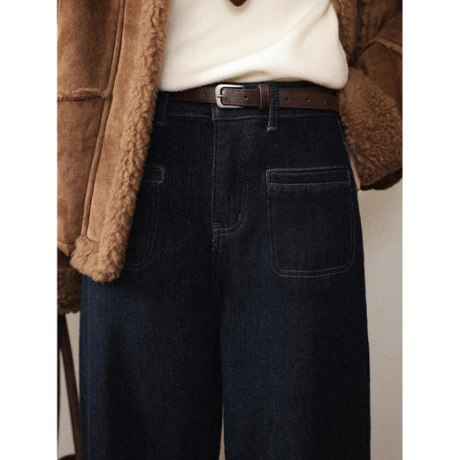 鹿向南「雪绒希克」蓝色牛仔裤女秋冬季宽松阔腿长裤子通勤直筒裤 商品图3