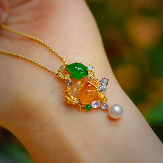 龢盒原创 18k金镶金钱蟹欧珀翡翠吊坠 商品图5