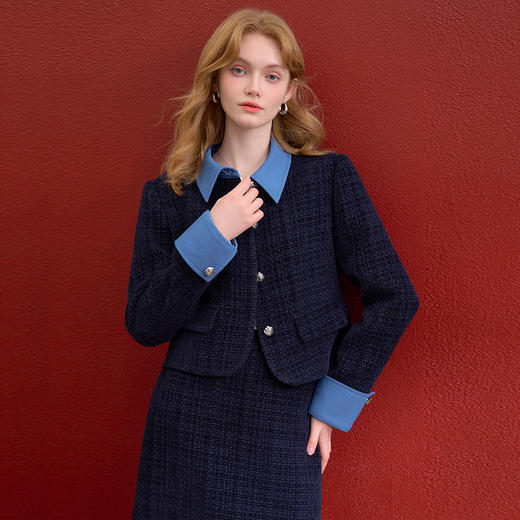 西遇优雅精致小香风套装女冬季撞色外套高腰直筒半身裙两件套V4355455 商品图2