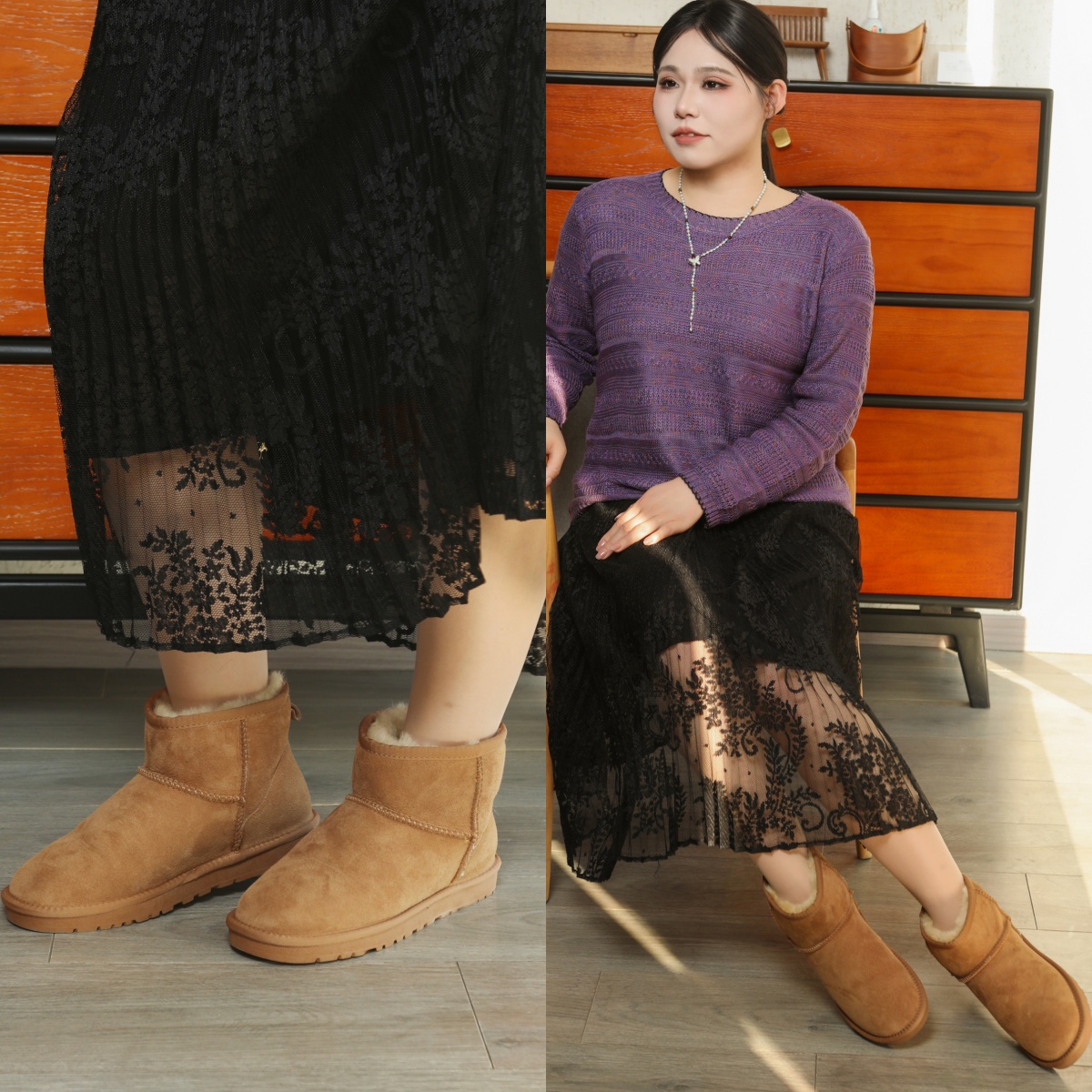 一周发货【雪地靴】肉肉脚拍大一码，35-48鞋码，长毛皮毛一体雪地靴，鞋口定制加大版本，栗色&黑色，冬季保暖大码羊毛靴，男女同款都可穿，满足一家人的冬季保暖需求