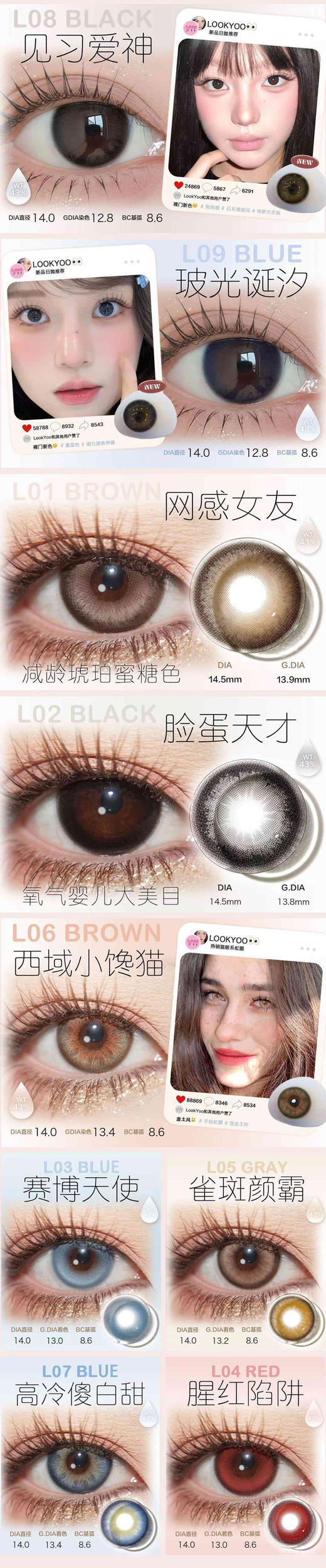 LOOKYOO日抛 五片 【网感女友/脸蛋天才/赛博天使/腥红陷阱/雀斑颜霸/西域小馋猫/高冷傻白甜/见习爱神/玻光诞汐】 商品图0