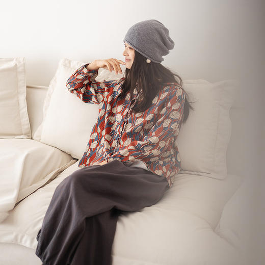 绽放819朵/加厚亚麻数码印花立领花边门襟长袖衬衫女冬季内搭小衫 商品图0