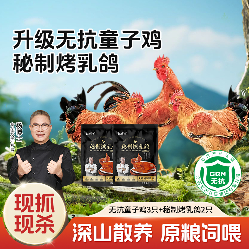 【升级无抗童子鸡 秘制烤乳鸽】深山散养 原粮饲喂 无抗童子鸡3只+秘制烤乳鸽2只