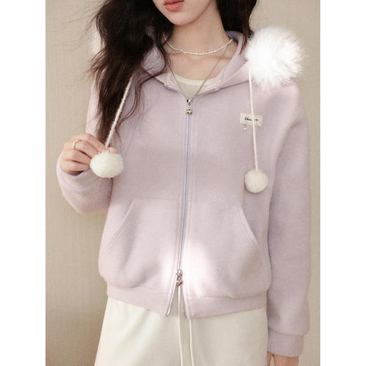 鹿向南「紫雾缱绒」浅紫色连帽卫衣外套女秋冬新款小个子开衫上衣 商品图3