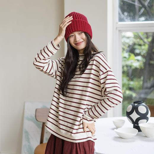 绽放816朵/羊毛汉麻棉色纺纱圆领落肩条纹长袖T恤女冬打底衫内搭 商品图2