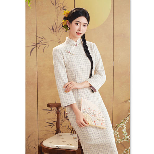 SKY 361843复古中国风仿貂绒细织长款格子改良显瘦旗袍 商品图2