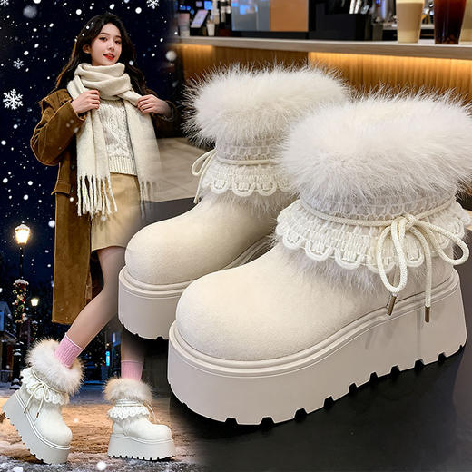 【复古百搭❗️毛毛蕾丝短靴】加绒加厚超保暖，上脚修饰腿型，舒适贴肤内里，耐磨防滑鞋底，可爱毛毛靴新款厚底毛毛白色雪地靴QQ 商品图3