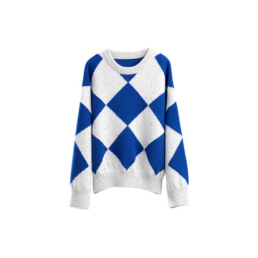 绽放857朵/蓝菱格·纯羊毛蓝白菱形格圆领宽松长袖毛衣新款羊毛衫 商品图4