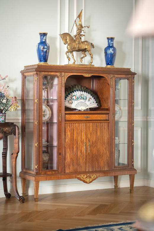 独角鹿西洋古董19世纪末法国出品路易十六风格古典铜鎏金雕花装饰玻璃边柜 商品图0