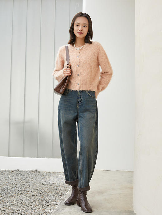 复古做旧灰蓝牛仔裤 高腰宽松直筒九分裤 休闲通勤风显瘦阔腿牛仔长裤 商品图1