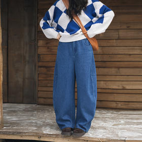 绽放859朵/茧型重工牛仔裤·全腰松紧分割设计牛仔长裤宽松阔腿裤