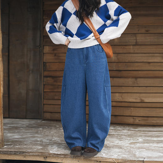 绽放859朵/茧型重工牛仔裤·全腰松紧分割设计牛仔长裤宽松阔腿裤 商品图0