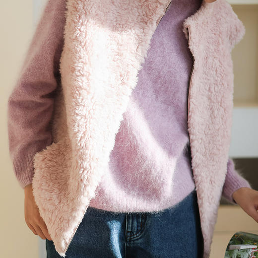 绽放877朵/羊羔毛绒感圆领开襟拉链叠搭马甲外穿女宽松纯羊毛保暖 商品图3