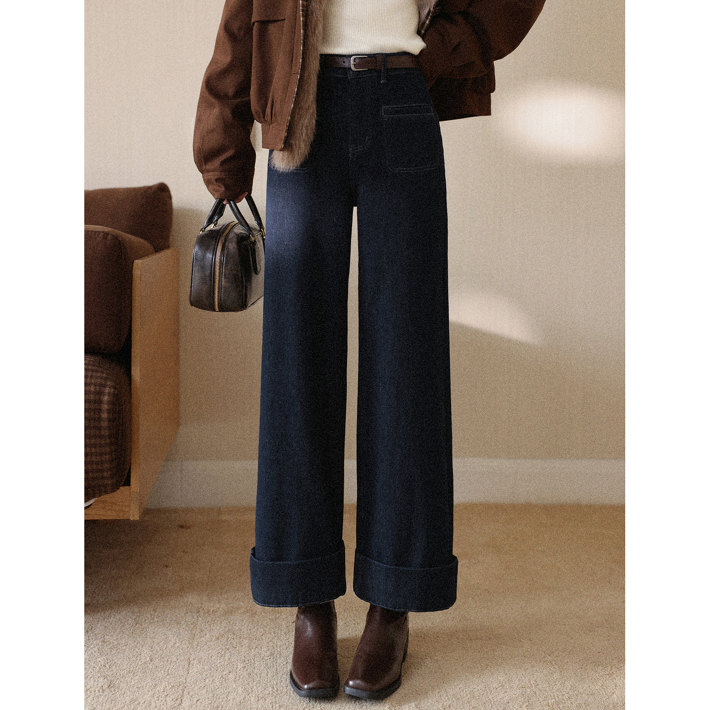 鹿向南「雪绒希克」蓝色牛仔裤女秋冬季宽松阔腿长裤子通勤直筒裤