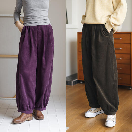 特绽放852朵/信步·纯棉灯芯绒长裤高腰压褶收脚口长款卫裤女休闲裤 商品图0