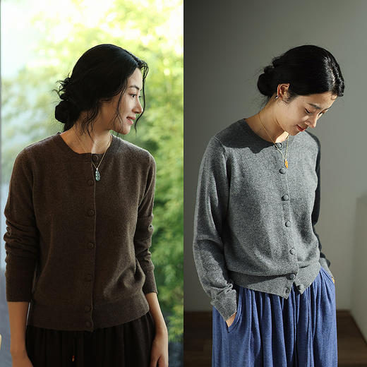 绽放871朵/新款纯山羊绒开衫宽松圆领羊绒开襟毛针织衫外搭羊毛衫 商品图0