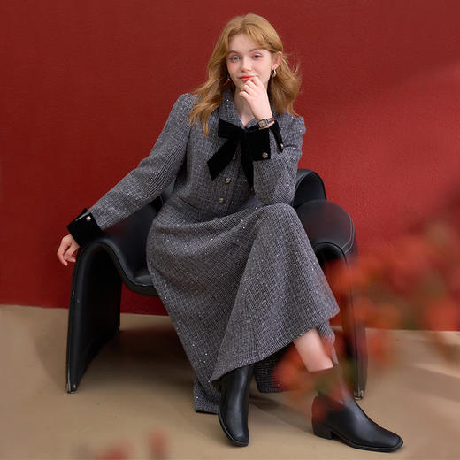 西遇气质名媛小香风套装女冬季蝴蝶结粗花呢外套伞裙两件套V4355454 商品图0