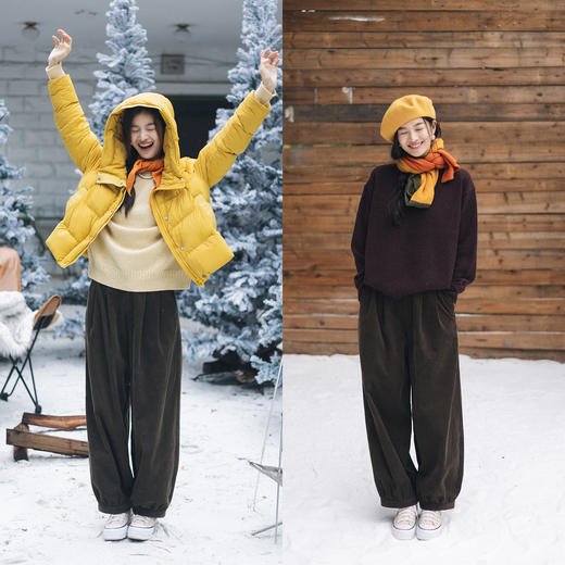 特绽放852朵/信步·纯棉灯芯绒长裤高腰压褶收脚口长款卫裤女休闲裤 商品图3