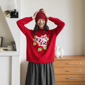 绽放823朵/纯山羊绒毛衫撞色花朵落肩半高领套头毛针织衫内搭毛衣