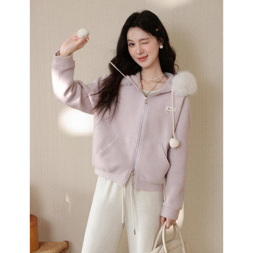 鹿向南「紫雾缱绒」浅紫色连帽卫衣外套女秋冬新款小个子开衫上衣 商品图0