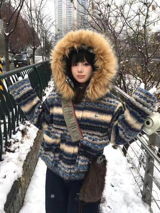 D120413新款2025复古撞色可拆卸毛领羊羔毛棉服外套 商品图9