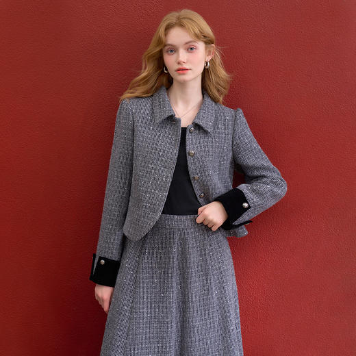 西遇气质名媛小香风套装女冬季蝴蝶结粗花呢外套伞裙两件套V4355454 商品图3
