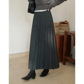 鹿向南「柔灰漫步」灰色百褶A字半身裙女秋冬新款气质显瘦中长裙