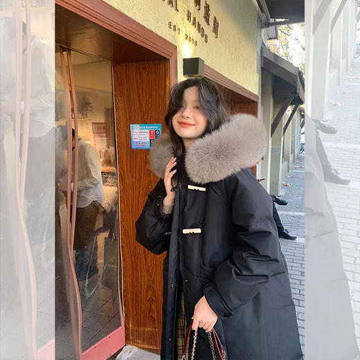 西遇中长款加厚棉服女冬季新款牛角扣大毛领连帽夹棉外套SS051932 商品图2