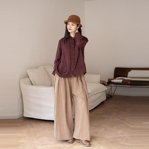绽放799朵/色织亚麻法式文艺翻领长袖小口袋衬衫秋冬新款叠搭小衫 商品图2