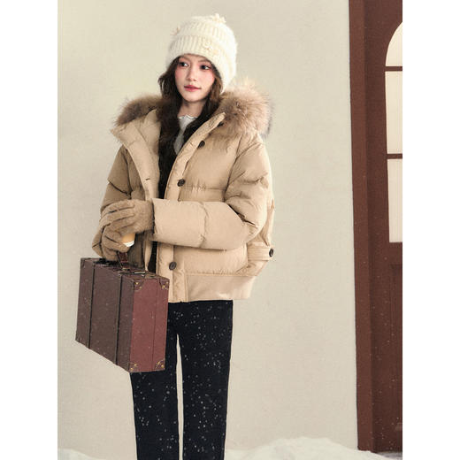 鹿向南「梧桐叶落」90白鸭绒卡其色羽绒服女冬装加厚毛领面包外套 商品图3