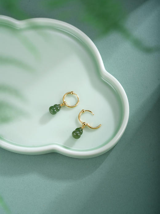 子佩集【福禄双收】银S925耳环【EJ00727】镀金葫芦和田碧玉圆圈扣环古法银2511 商品图4