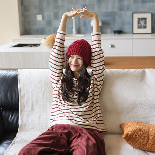 绽放816朵/羊毛汉麻棉色纺纱圆领落肩条纹长袖T恤女冬打底衫内搭 商品图1