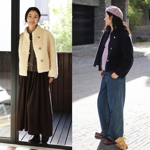 特绽放878朵/纯羊毛外套女宽松小v领羊羔毛厚外套小个子短款上衣 商品图2