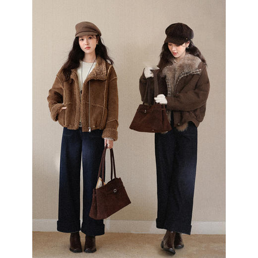 鹿向南「雪绒希克」蓝色牛仔裤女秋冬季宽松阔腿长裤子通勤直筒裤 商品图4