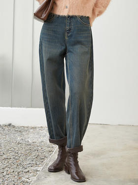 复古做旧灰蓝牛仔裤 高腰宽松直筒九分裤 休闲通勤风显瘦阔腿牛仔长裤