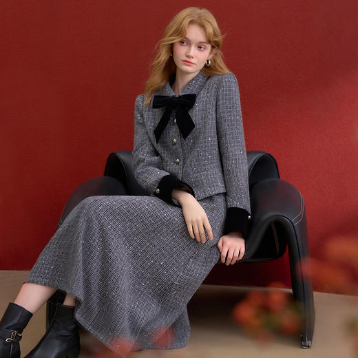 西遇气质名媛小香风套装女冬季蝴蝶结粗花呢外套伞裙两件套V4355454 商品图2