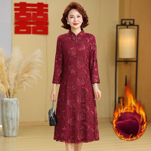 XK 19363妈妈装蕾丝加绒旗袍连衣裙保暖立领刺绣气质裙 商品图0