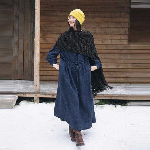 绽放820朵/加厚色织亚麻立领腰部加抽绳长袖连衣裙冬季内搭长裙女 商品图3