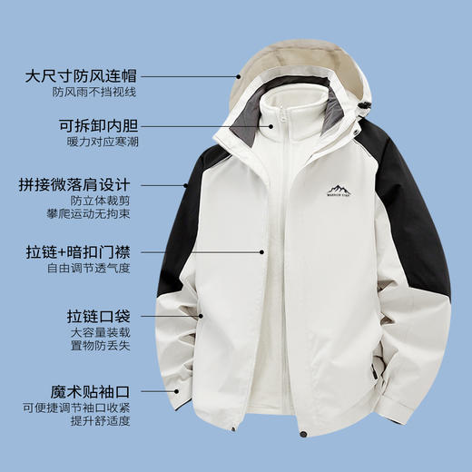 回力户外三合一冲锋夹克男女三防外套防风水防污秋冬加绒保暖上衣 商品图1