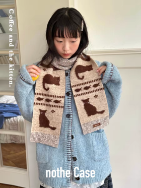 nothe Case布然/NC253226/「咖啡与小猫」卡其色可爱提花保暖围巾