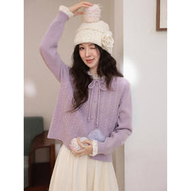 鹿向南「桔梗童话」紫色长袖短款毛衣女秋冬季宽松百搭修身上衣女