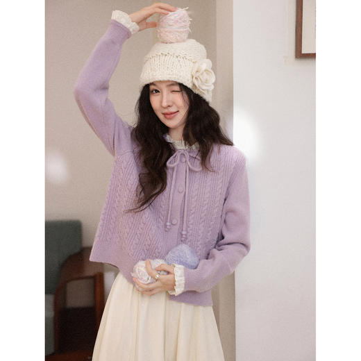 鹿向南「桔梗童话」紫色长袖短款毛衣女秋冬季宽松百搭修身上衣女 商品图0