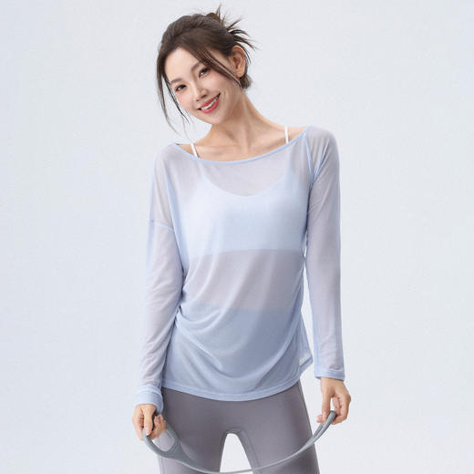 跃牌【周游世界系列】新款瑜伽服女纯欲风透气网纱长袖T恤轻薄斜肩运动罩衫TP0919 商品图3