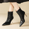 【预售7天】8.5cm时尚尖头细跟短筒显瘦靴女百搭纯色韩版风牛皮后拉链时装靴 商品缩略图0