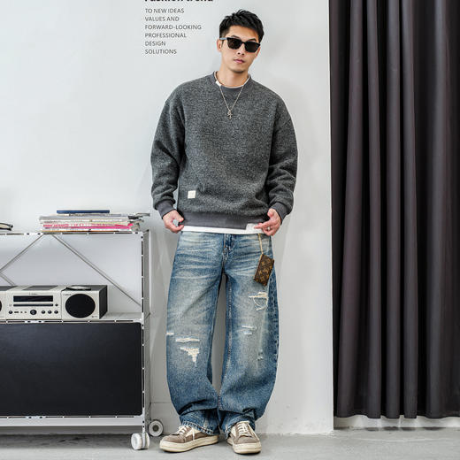 徐太浪【毛绒感 cleanfit】灰色假两件卫衣男秋冬款内搭打底上衣 商品图3