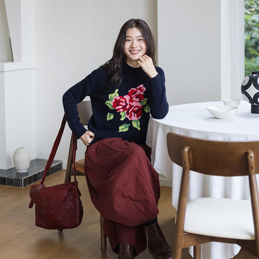 绽放823朵/纯山羊绒毛衫撞色花朵落肩半高领套头毛针织衫内搭毛衣 商品图3